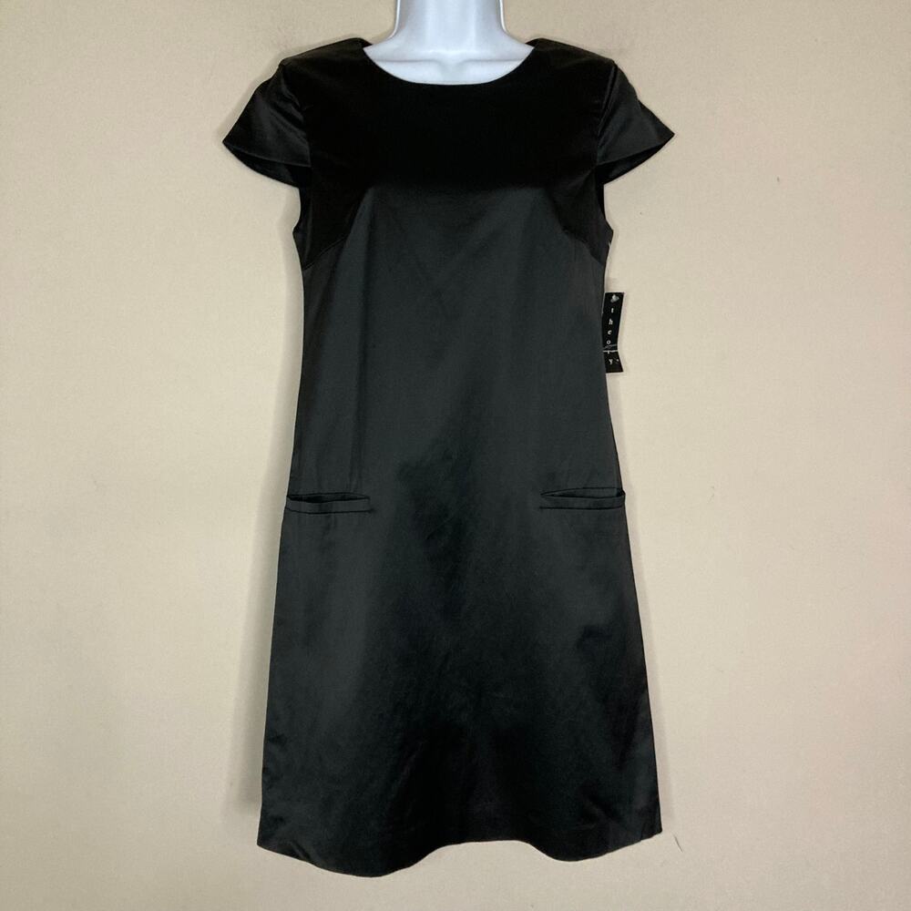 NWT Theory Maryanka Black Shiny Shift Mini Dress Cap Sleeve Front Pockets Size 4